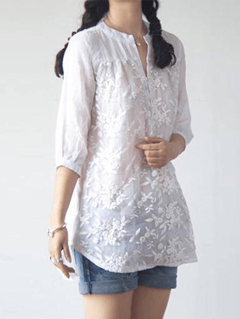 Women Floral Embroidery V-Neck 3/4 Sleeve Blouse