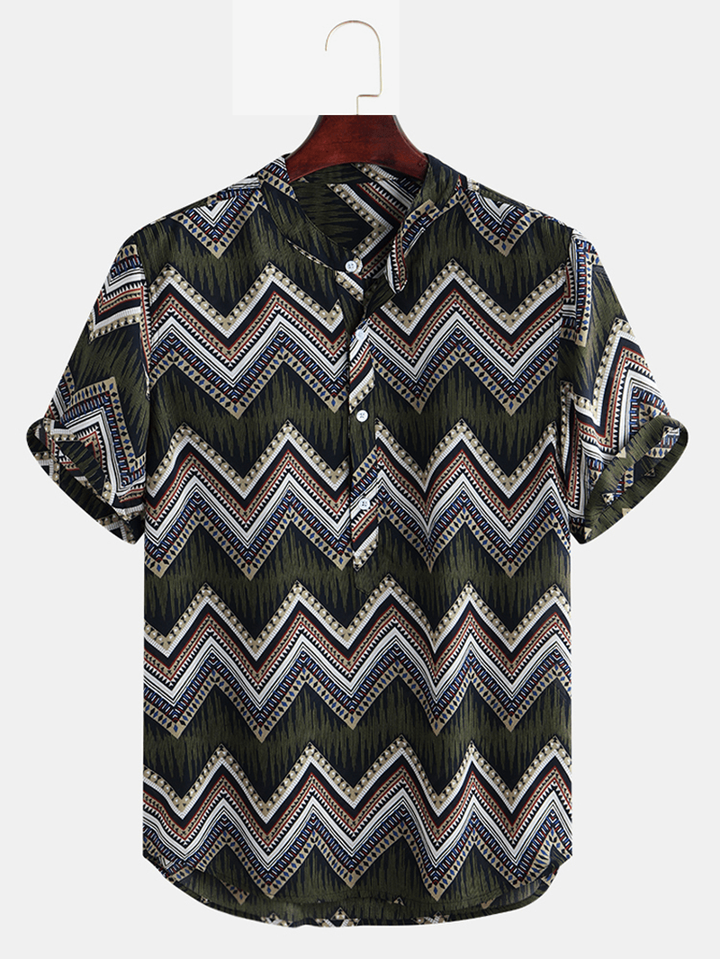 Mens Ethnic Chevron Printed Short Sleeve Casual Loose Henley Shirts Shirts - MRSLM