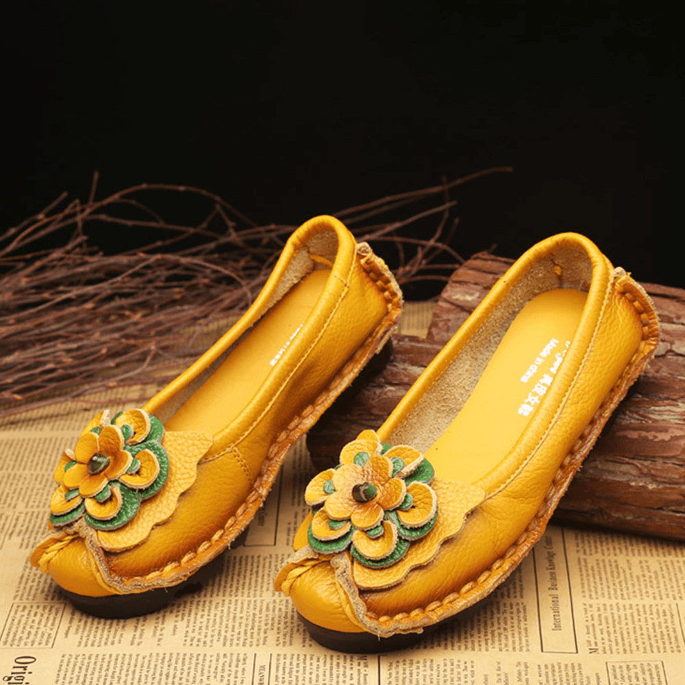 Women Shoes Casual Comfortable Floral Leather Flats