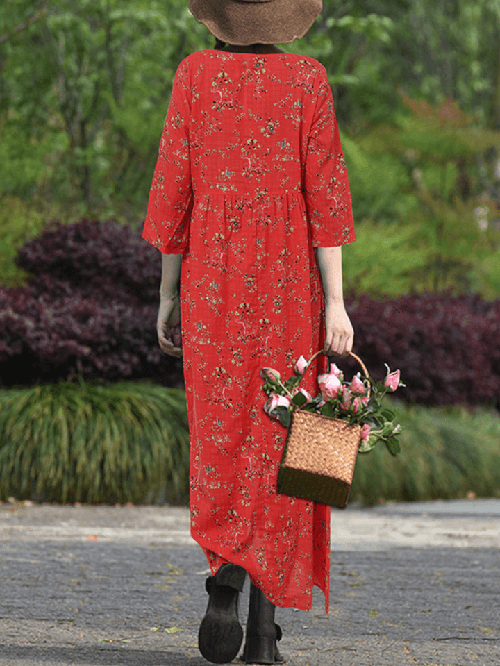 Women Vintage Flowers Print O-Neck 3/4 Sleeve Casual Holiday Maxi Dress