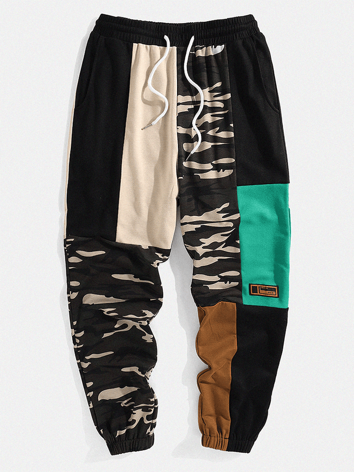 Mens Camo Patchwork Drawstring Cuffed Cargo Sweatpants with Pocket