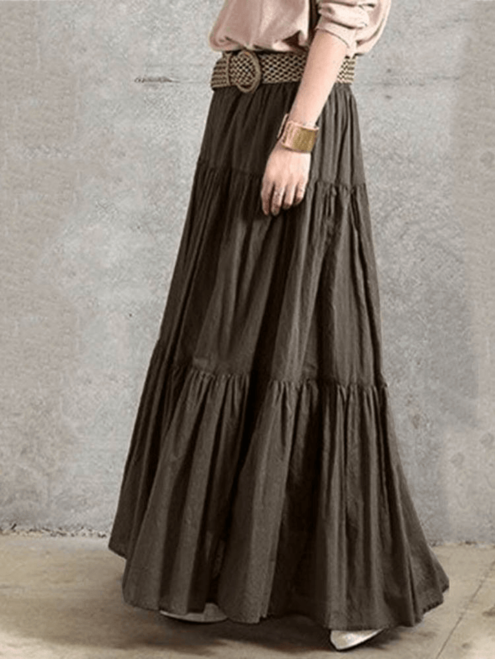 Solid Color Big Swing Elastic Waist Pleated Casual Long Skirt for Women