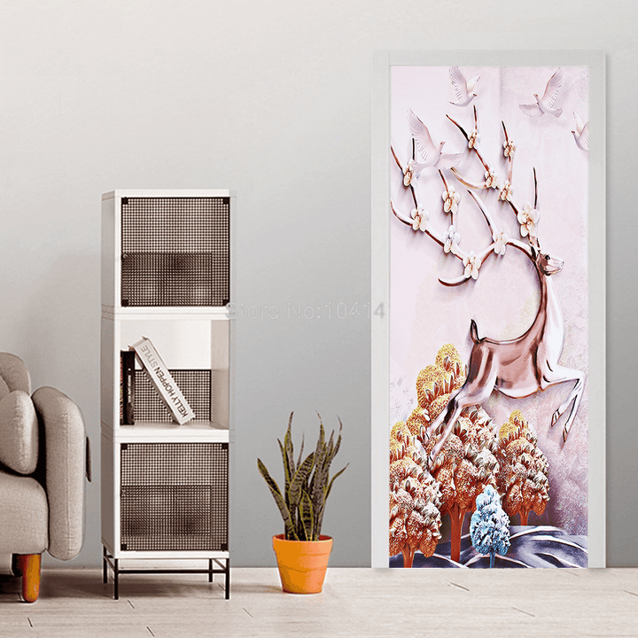 3D Door Wall Sticker Fridge Deer Sticker Wrap Mural Decal Art Decor Self Adhesive Room