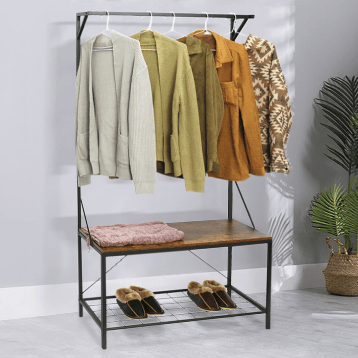 Industrial Coat Rack Shoe Bench Hall Tree Entryway Storage Shelf Cloth Hanger Wood Furniture