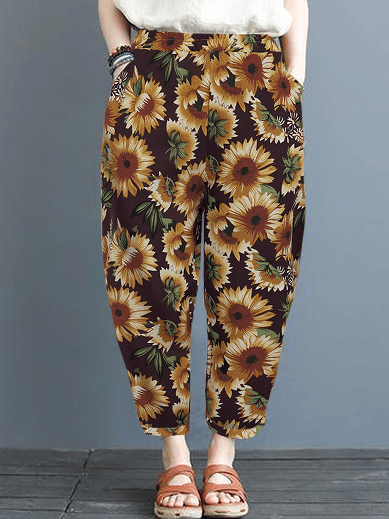 Women Sunflower Daisy Floral Print Cotton Casual Pants with Side Pockets