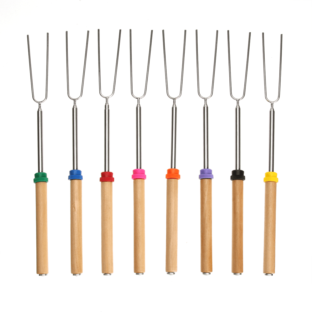 8PCS Roasting Sticks Telescoping 12"-32" Smore Sticks Skewers Set with Wooden Handle for BBQ Hot Dog Fork Fire Pit Camping Cookware