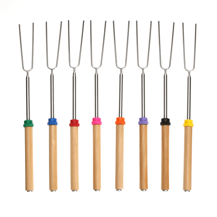 8PCS Roasting Sticks Telescoping 12"-32" Smore Sticks Skewers Set with Wooden Handle for BBQ Hot Dog Fork Fire Pit Camping Cookware