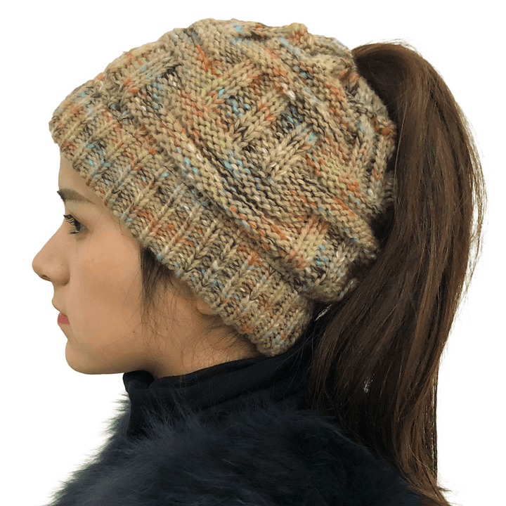 Female Warm Knitted Hat Striped Colorful Ponytail Headband Woolen Cap