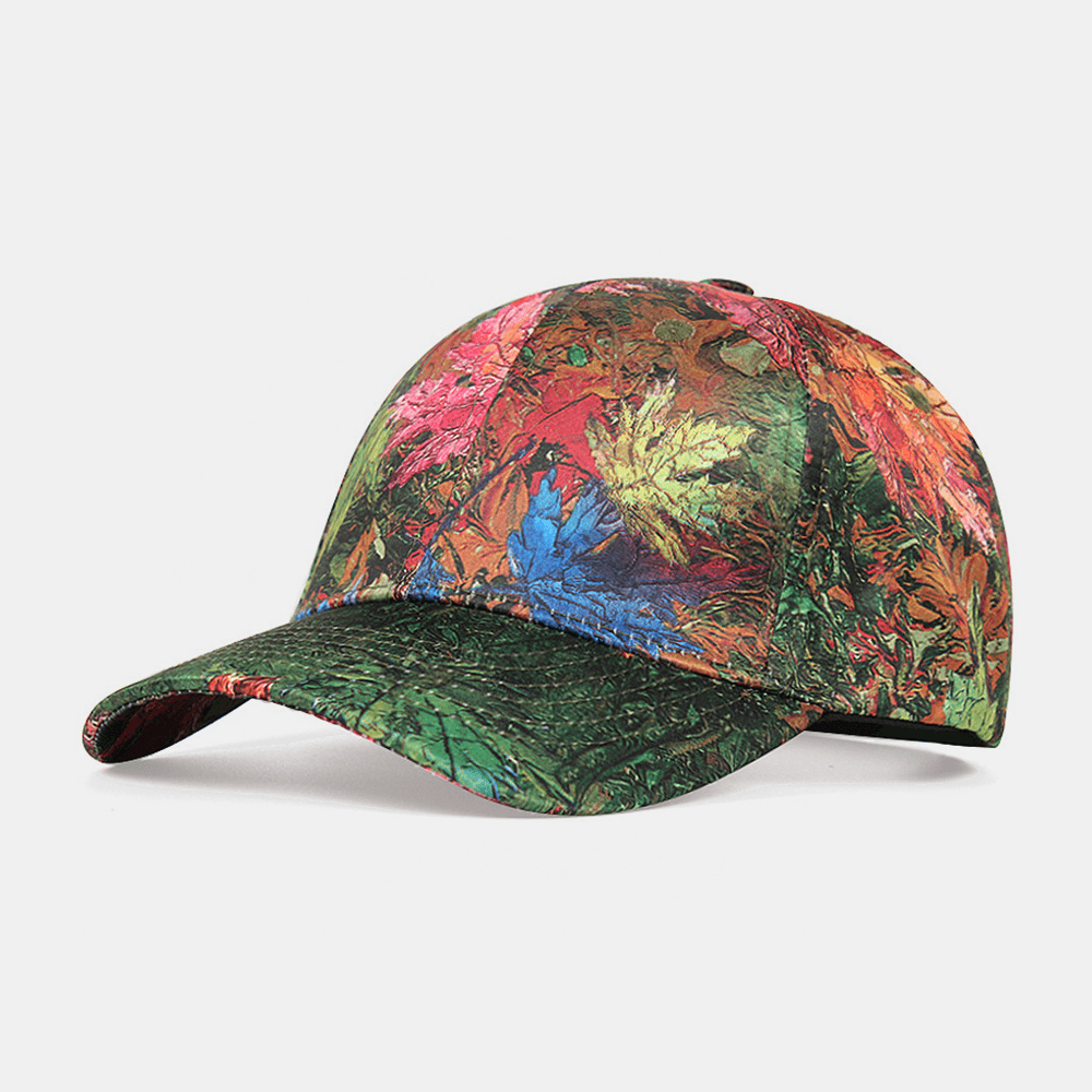 Women Overlay Maple Leaf Print Casual Fitted Cap Cotton Sunshade Adjustable Baseball Cap - MRSLM