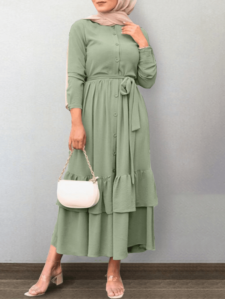 Women Button Front O-Neck Tiered Ruffle Hem Belted Kaftan Maxi Dresses