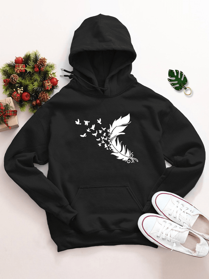 Women Feather Print Long Sleeve Casual Drawstring Pullover Hoodies