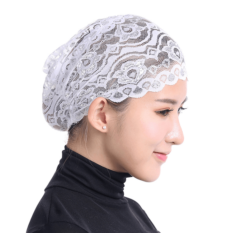 Women Shiny Lace Head Coverings Headscarf Hat Islamic Headwear Cap Scarf Hijab Undercaps - MRSLM