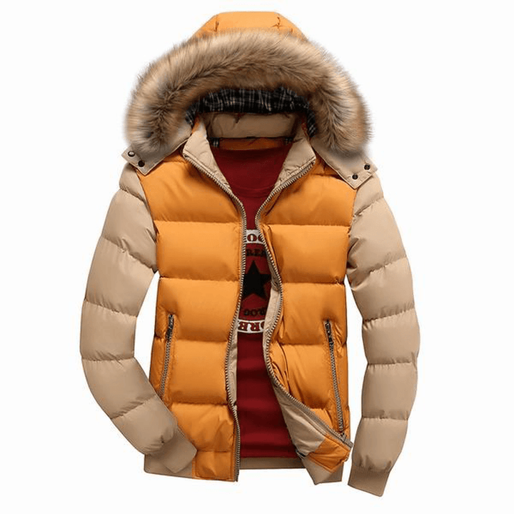 Mens Thick Warm Coat Color Splicing Detachable Hooded Puffer Jacket