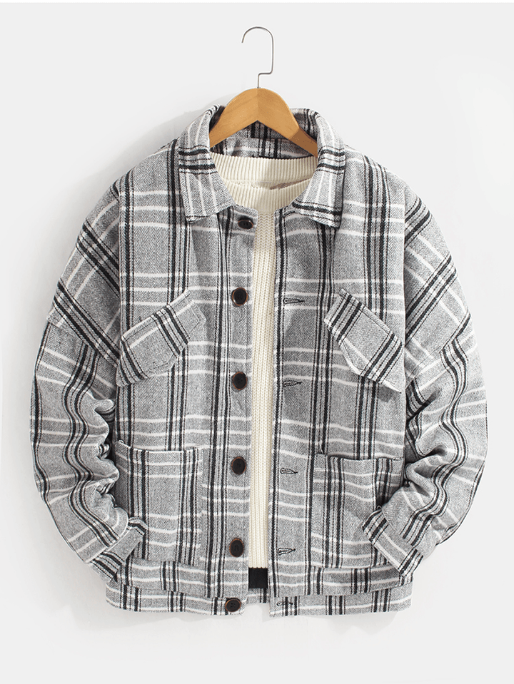 Mens Plaid Button up Warm Long Sleeve Pocket Woolen Jacket