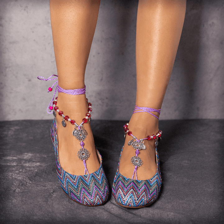 LOSTISY Bohemia Knitted Exotic Style Beaded Slip on Casual Flat Shoes - MRSLM