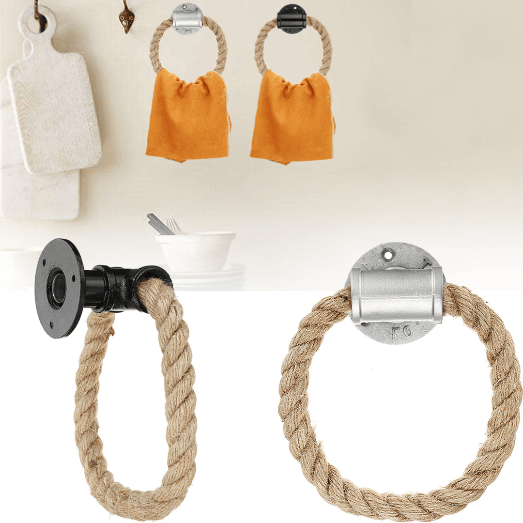 Hemp Rope Towel Hanger Ring Rack Industrial Rustic Bathroom Wall Mounted Holder