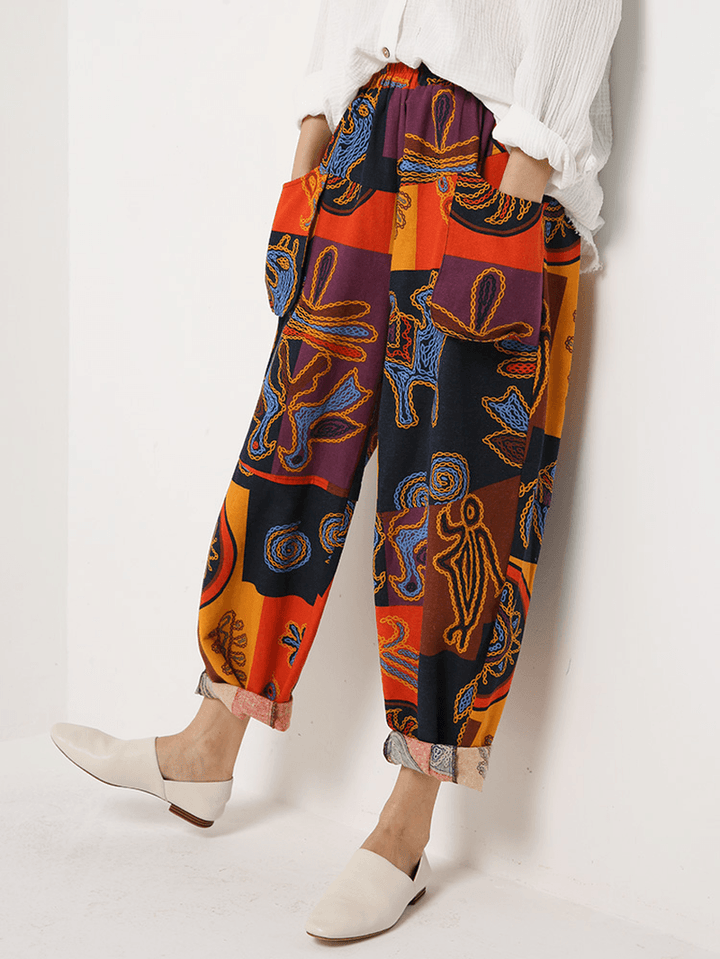 Ethnic Women Floral Print Elastic Waist Pockets Pants