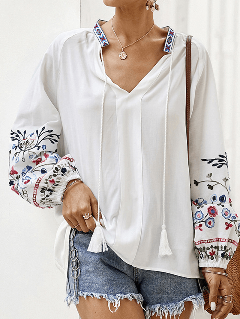 Flower Embroidery V-Neck Drawstring Cuffs Casual Blouse