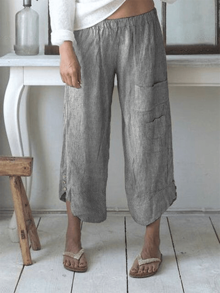 Stripe Elastic Waist Button Pocket Casual Pants - MRSLM