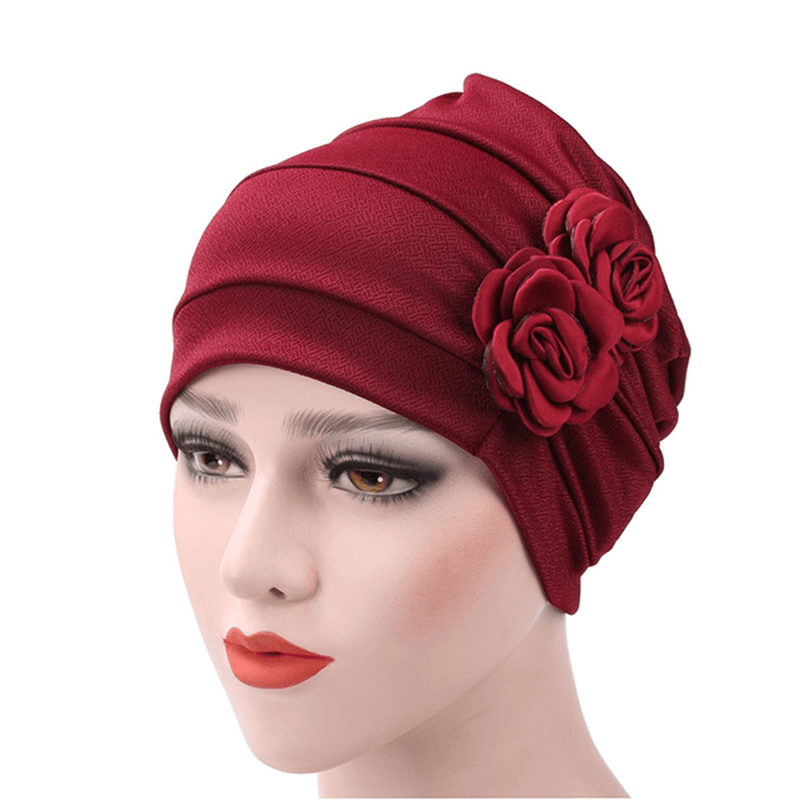 Womens New Side Paste Large Flower Solid Beanie Cap Casual Cotton Outdoor Bonnet Hat - MRSLM