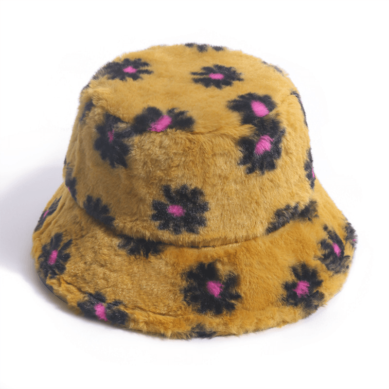 Korean Version of the Autumn and Winter Small Daisy Print Fisherman Hat Plush Net Red All-Match Outing to Keep Warm Rabbit Fur Basin Hat