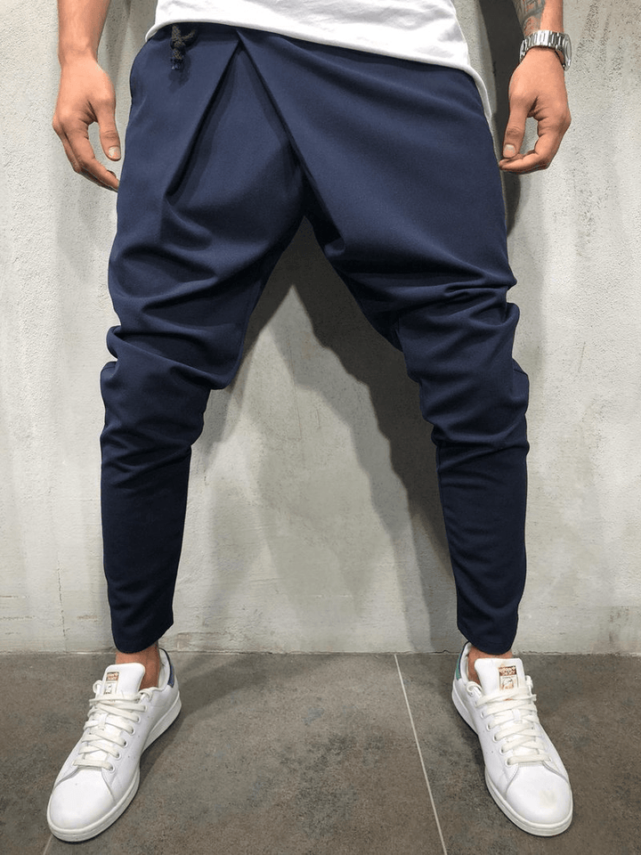 Men's Casual Pants with Drawstring Waist and Asymmetrical Hem