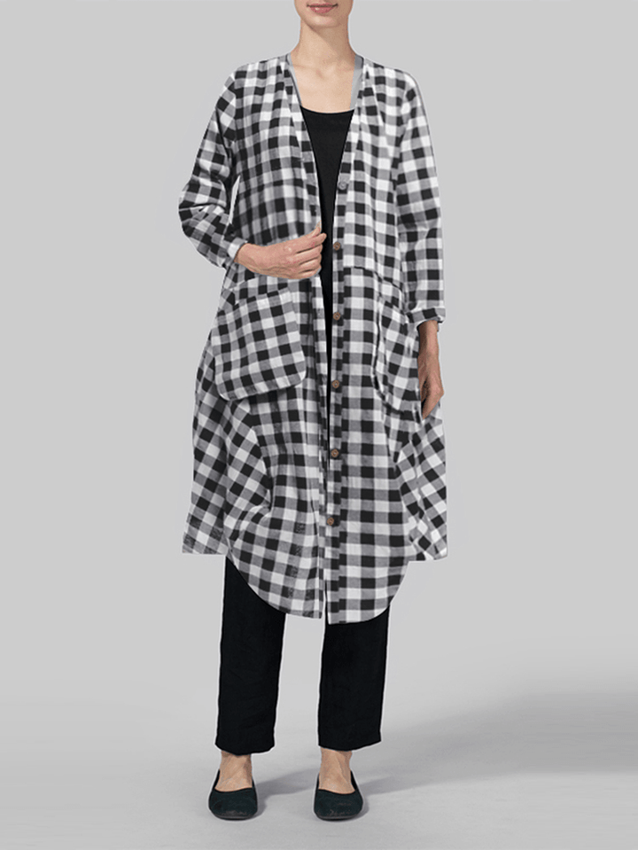 Women Casual Loose Plaid Long Sleeve Button Pockets Dress - MRSLM