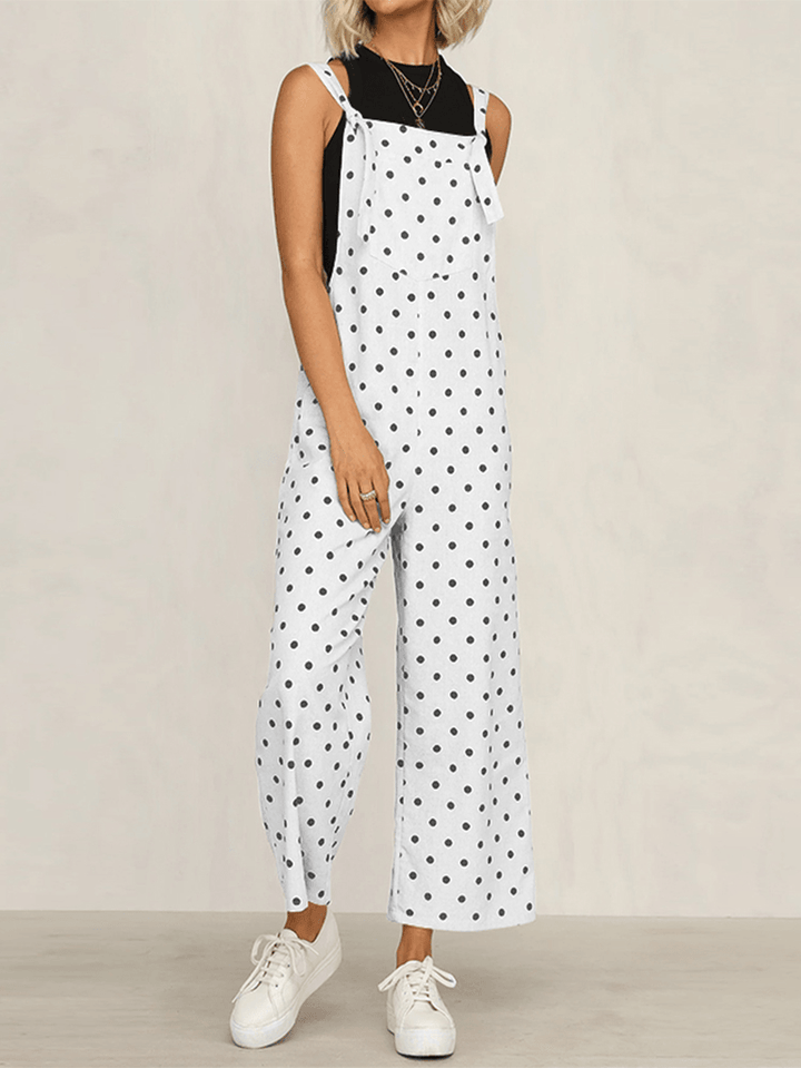 Casual Polka Dot Adjustable Strap Loose Wide Leg Jumpsuit with Pockets