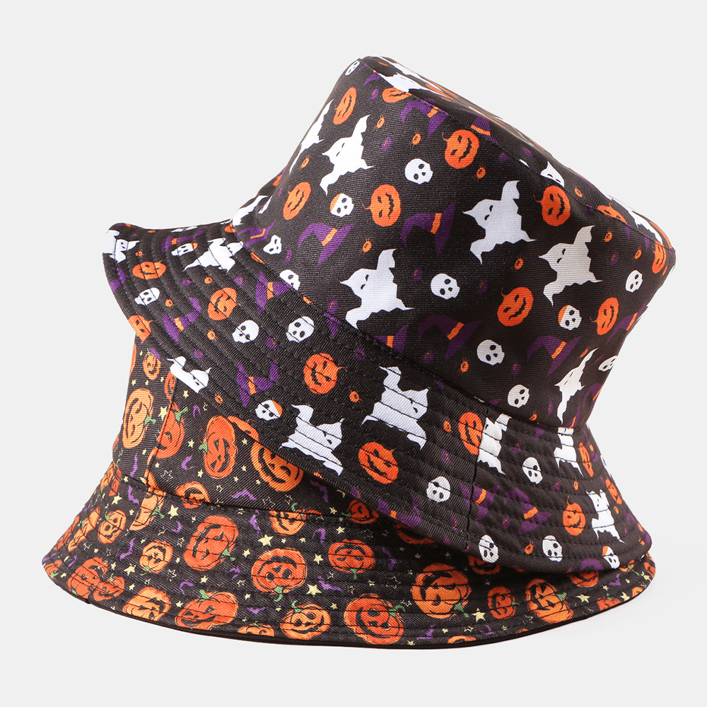 Unisex Pumpkin Ghost Skull Pattern Halloween Bucket Hat Casual Funny Foldable Sunshade Hat