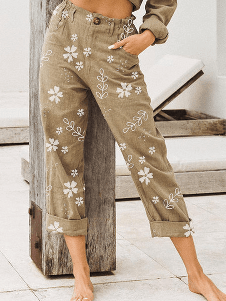 Casual Flowers Print Loose Pocket Long Pants for Women