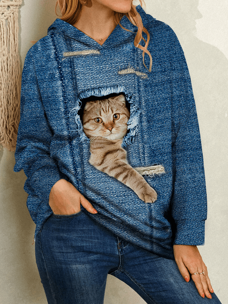 Women Cute Cartoon Cat Print Long Sleeve Casual Overhead Hoodies - MRSLM