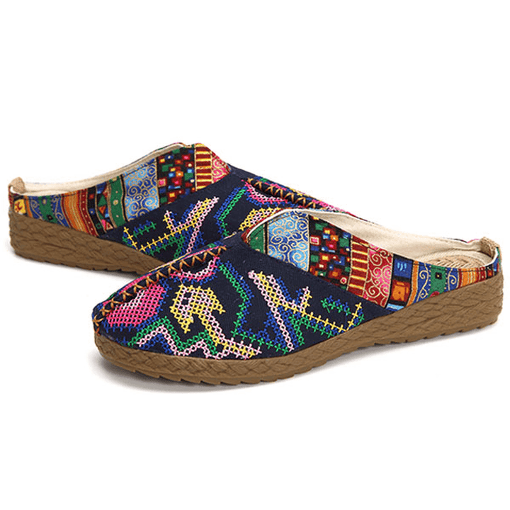 Women Flax Casual Outdoor Embroidery Flat Slipper Shoes