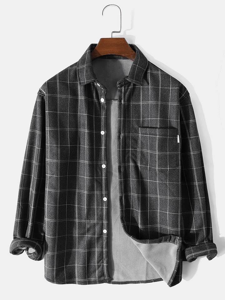 Mens Grid Lapel Chest Pocket Long Sleeve Warm Shirt Jacket