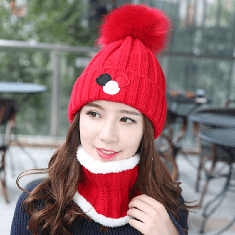 Women Windproof Thicken plus Velvet Knit Hat Scarf Set Winter Earmuffs Beanie Cap