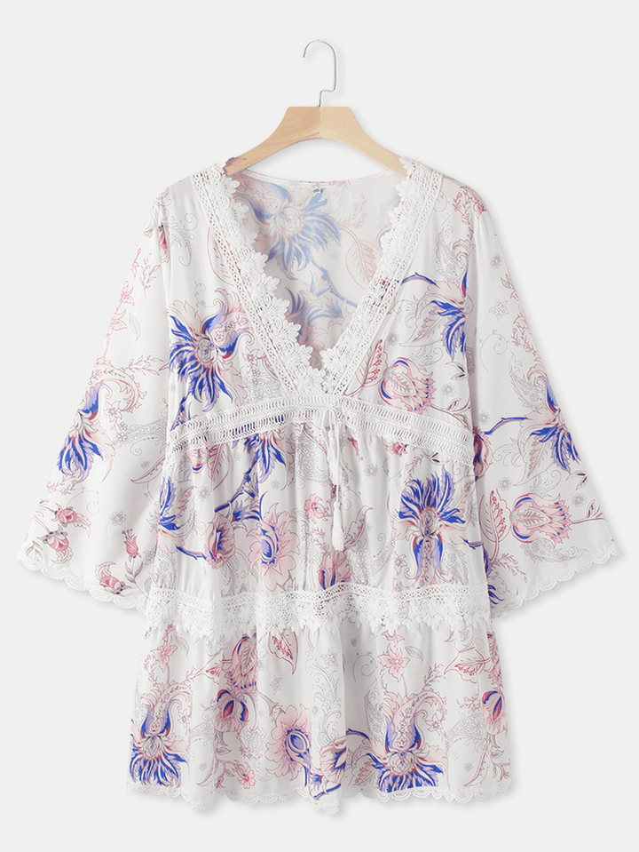 Women Flower Print Plunge Tie Front 3/4 Sleeve Lace Mini Dresses