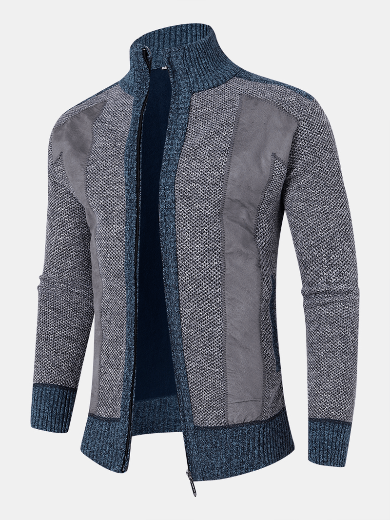 Men Stitching Knit Zipper Stand Collar Casual Cardigans