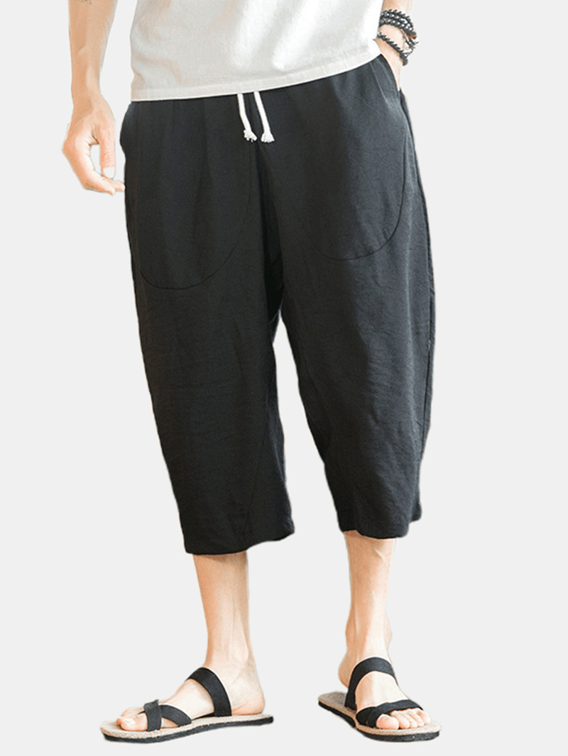 Mens Casual Breathable Calf-Length Drawstring Waist Harem Pants