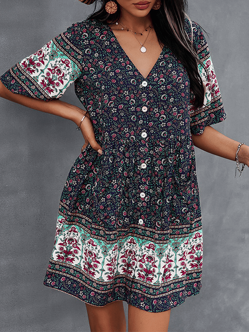 Bohemia Floral Ethnic V-Neck Button Short Sleeve Print Dress - MRSLM