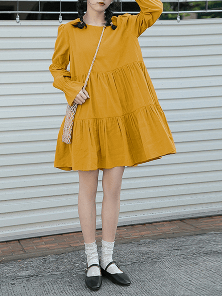 Women Cotton Solid Color Pleats O-Neck Long Sleeve Casual Dress