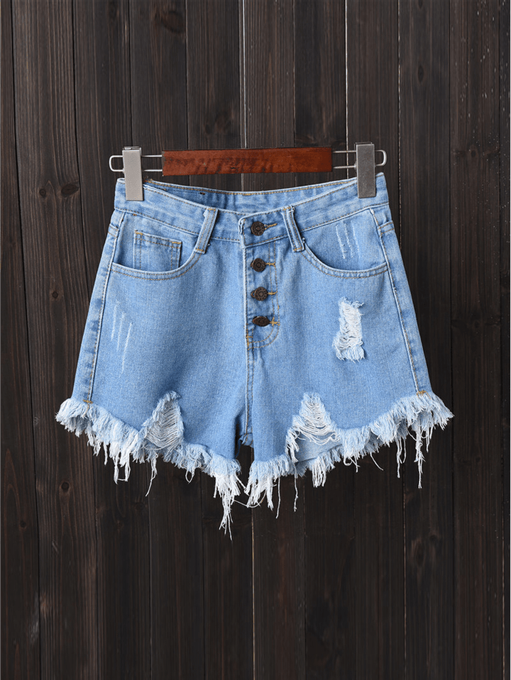 Women Button up Pocket Loose Hollow Ripped Denim Shorts - MRSLM