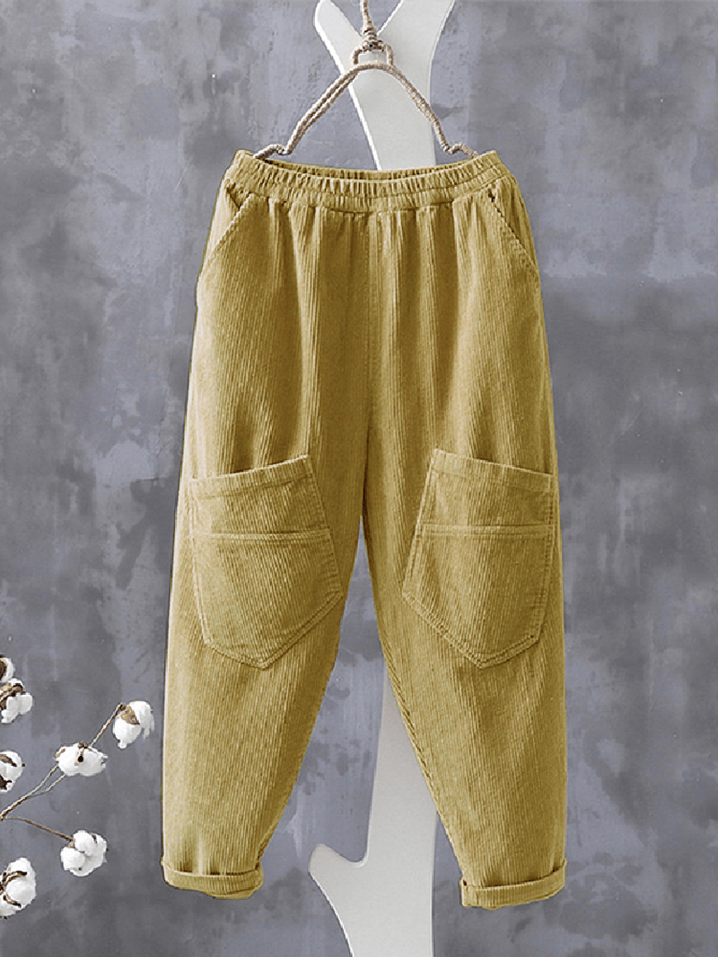 Women Corduroy Cargo Style Elastic Waist Pants with Multi Pocket