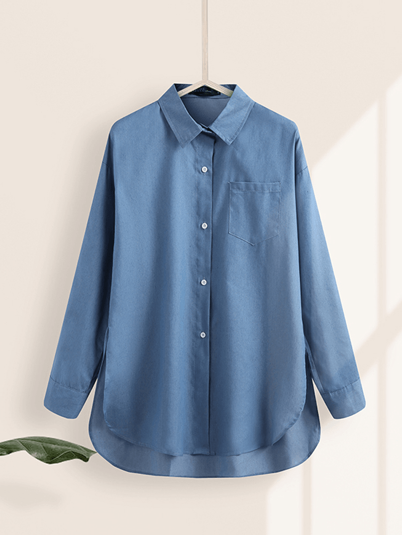 Women's Solid Color Denim Shirt with Irregular Hem and Chest Pocket