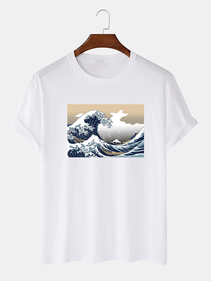 Mens Sea Wave Pattern Short Sleeve 100% Cotton Casual T-Shirts