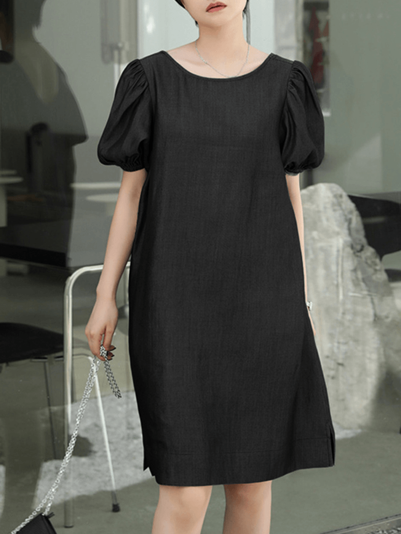 Solid Casual Crew Neck Puff Sleeve Pleated Plain A-Line Midi Dress - MRSLM