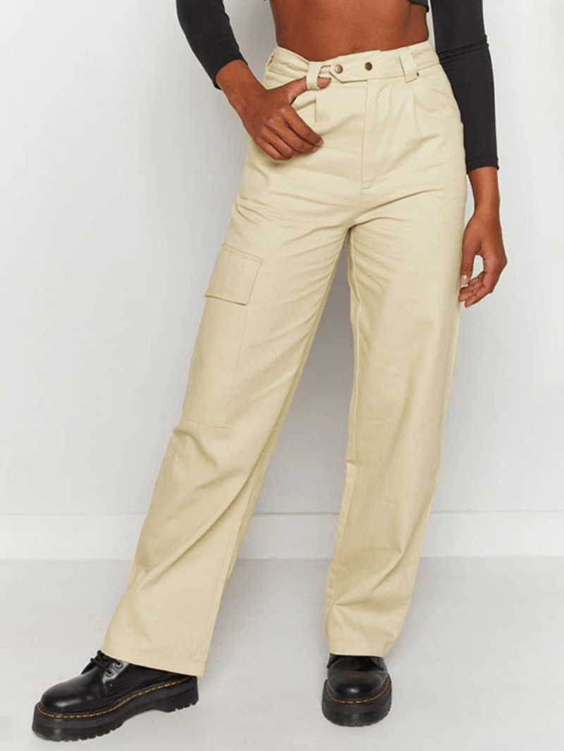 Women Solid Color Mid Waist Casual Straight Cargo Pants with Pockets