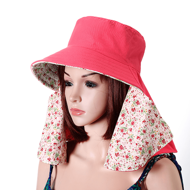 Women Face Neck Protection Wide Brim Beach Hat Double-Side Flower Print Outdoor Gardening Caps - MRSLM