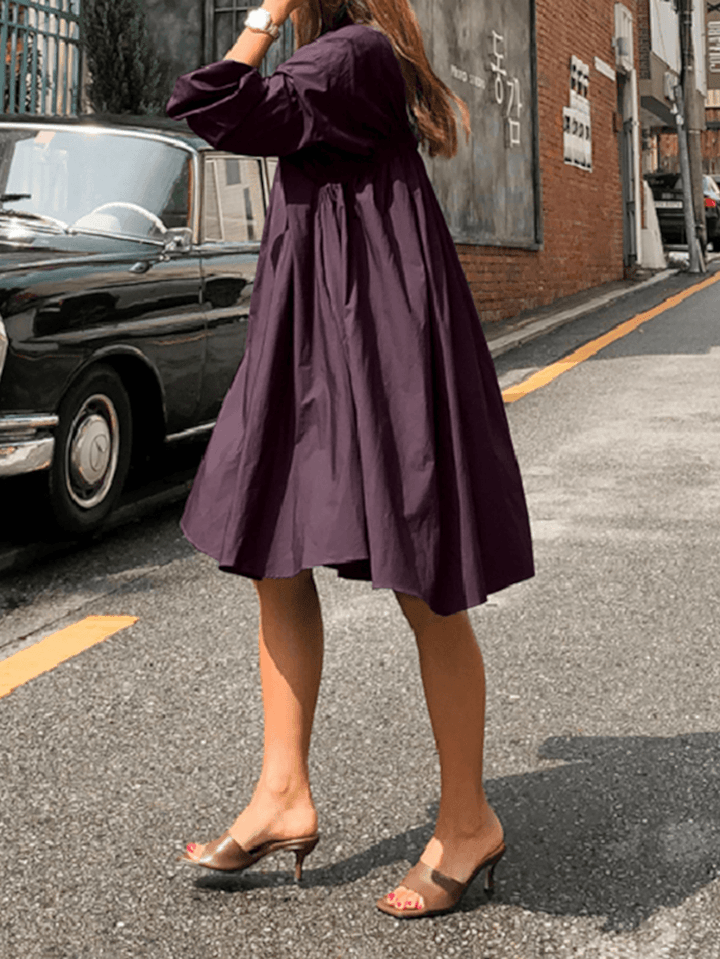 Women Solid Color Pleated Long Sleeve Casual Shirt Midi Dresses