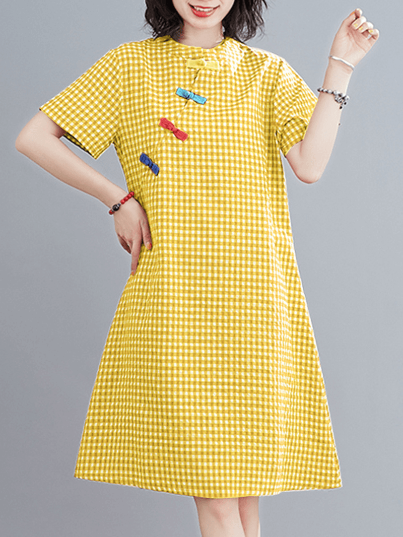 Short Sleeve Stand Collar Pleated Spliced Plaid Casual Dress for Women - MRSLM