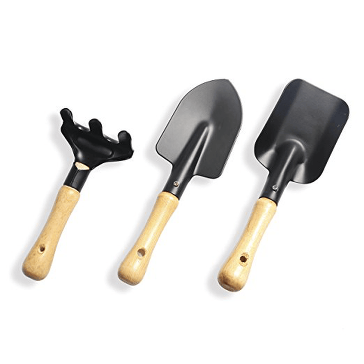 3Pcs Mini Hand Garden Tool Set Plant Gardening Shovel Spade Rake Trowel Wood Handle Metal Head