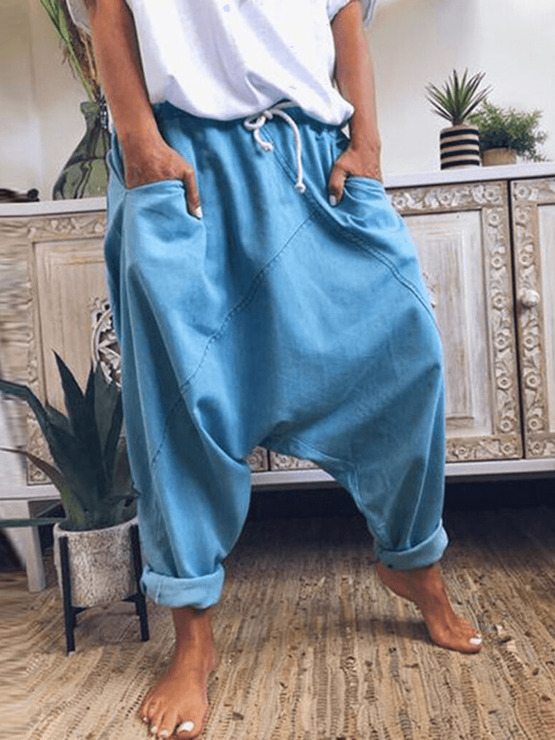 Casual Solid Drawstring Waist Harem Pants